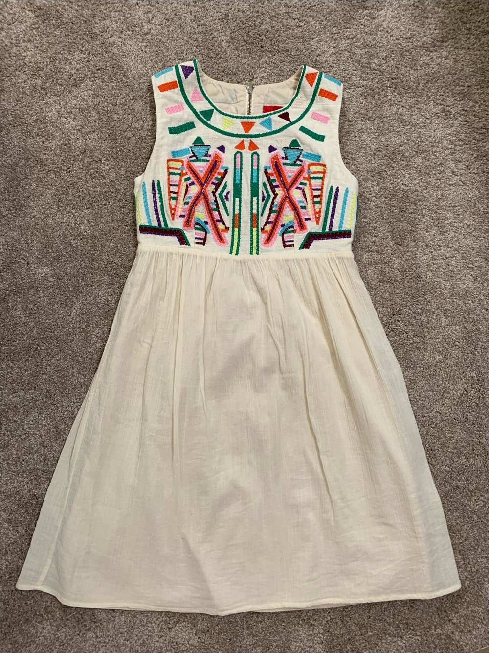 V Cristina Sleeveless A-Line Dress Aztec Geometric Embroidered Linen Blend Small